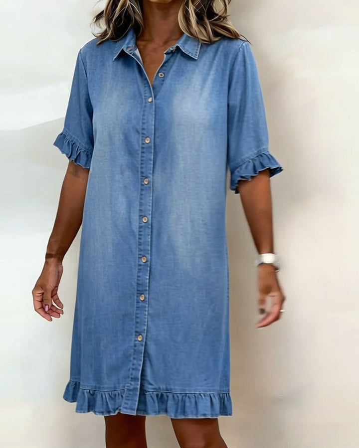 Linea Aarhus® | Vestido de ganga confortável com bonitos folhos
