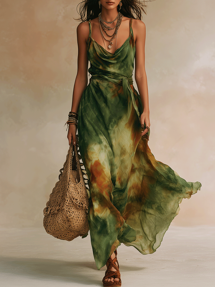 Elvira - Vestido Maxi em Verde Abstrato