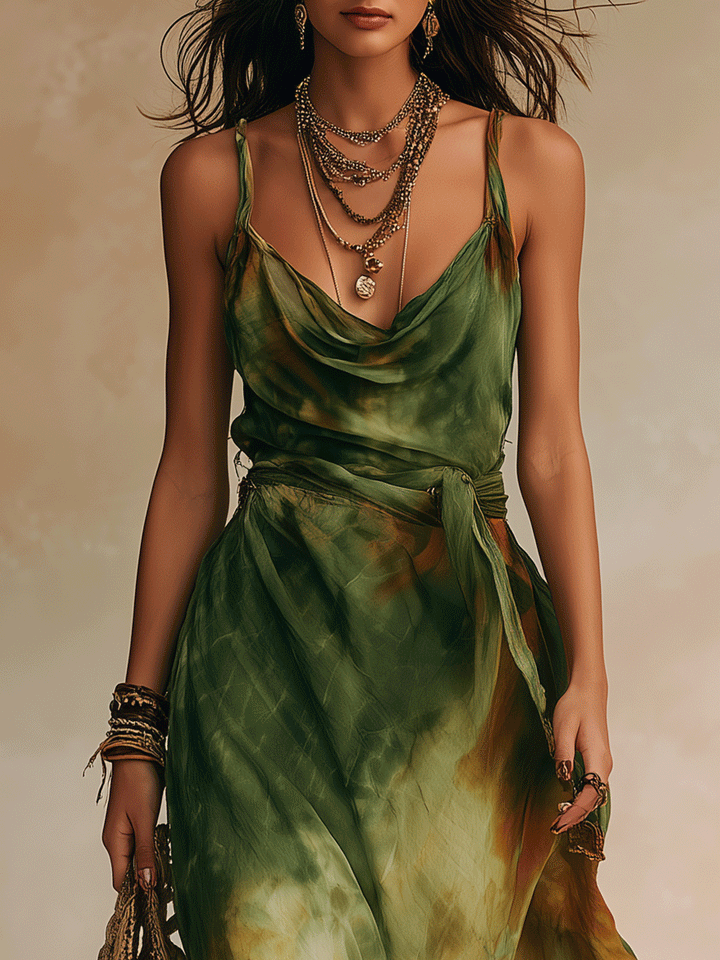 Elvira - Vestido Maxi em Verde Abstrato