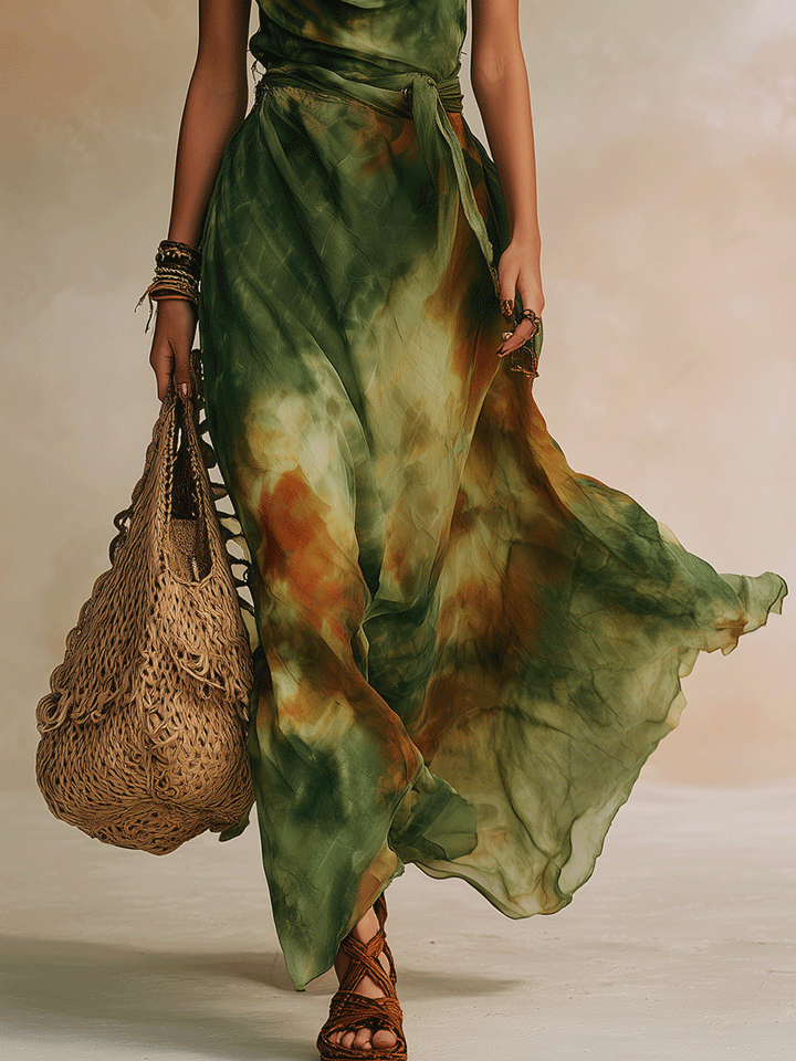 Elvira - Vestido Maxi em Verde Abstrato