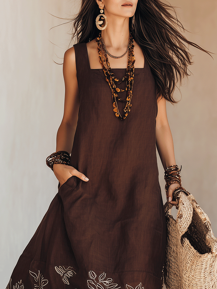Noemia - Vestido midi de linho com bordados em estilo boho