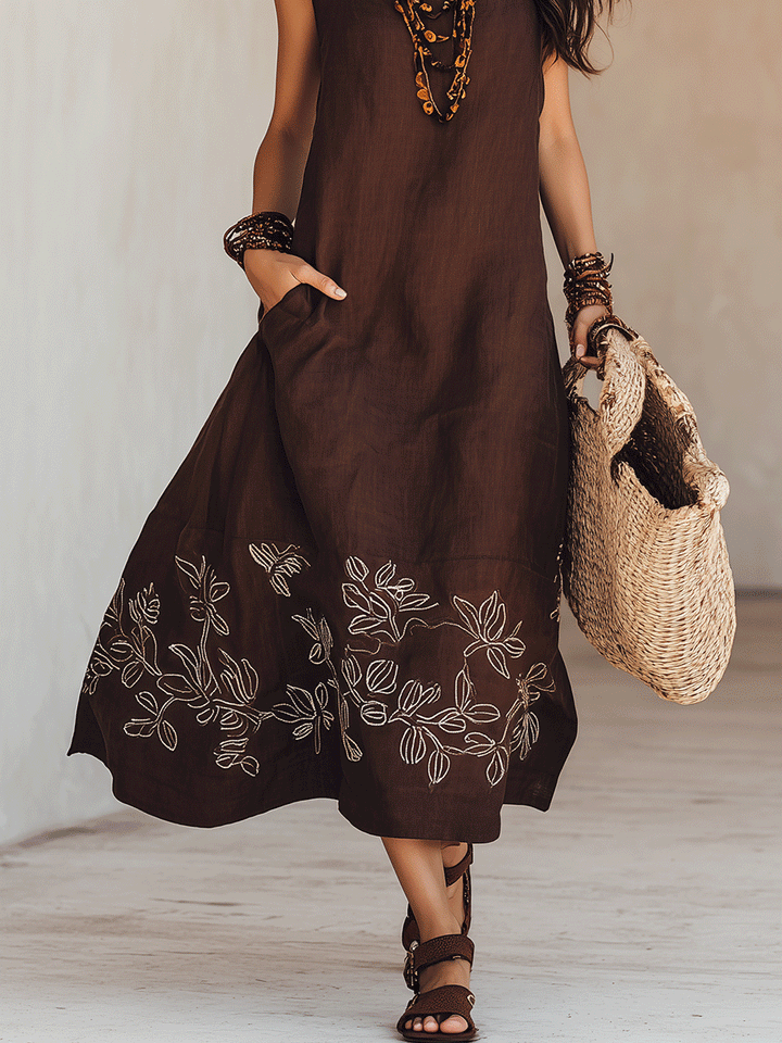 Noemia - Vestido midi de linho com bordados em estilo boho
