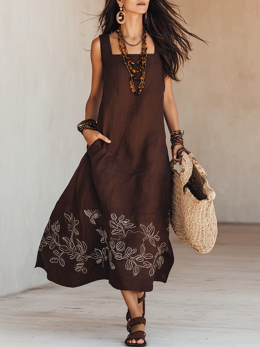 Noemia - Vestido midi de linho com bordados em estilo boho