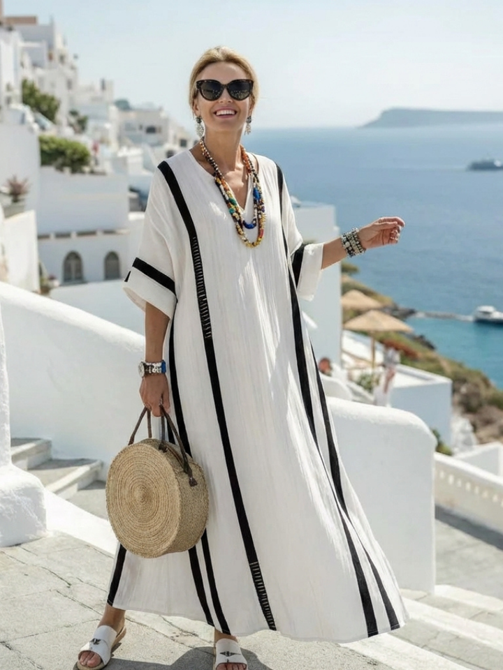 Inês | Vestido maxi de manga curta às riscas