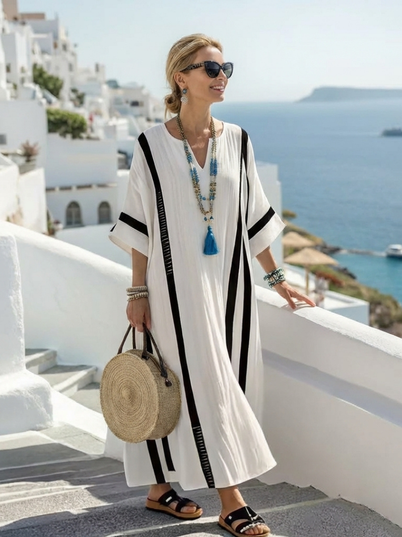 Inês | Vestido maxi de manga curta às riscas