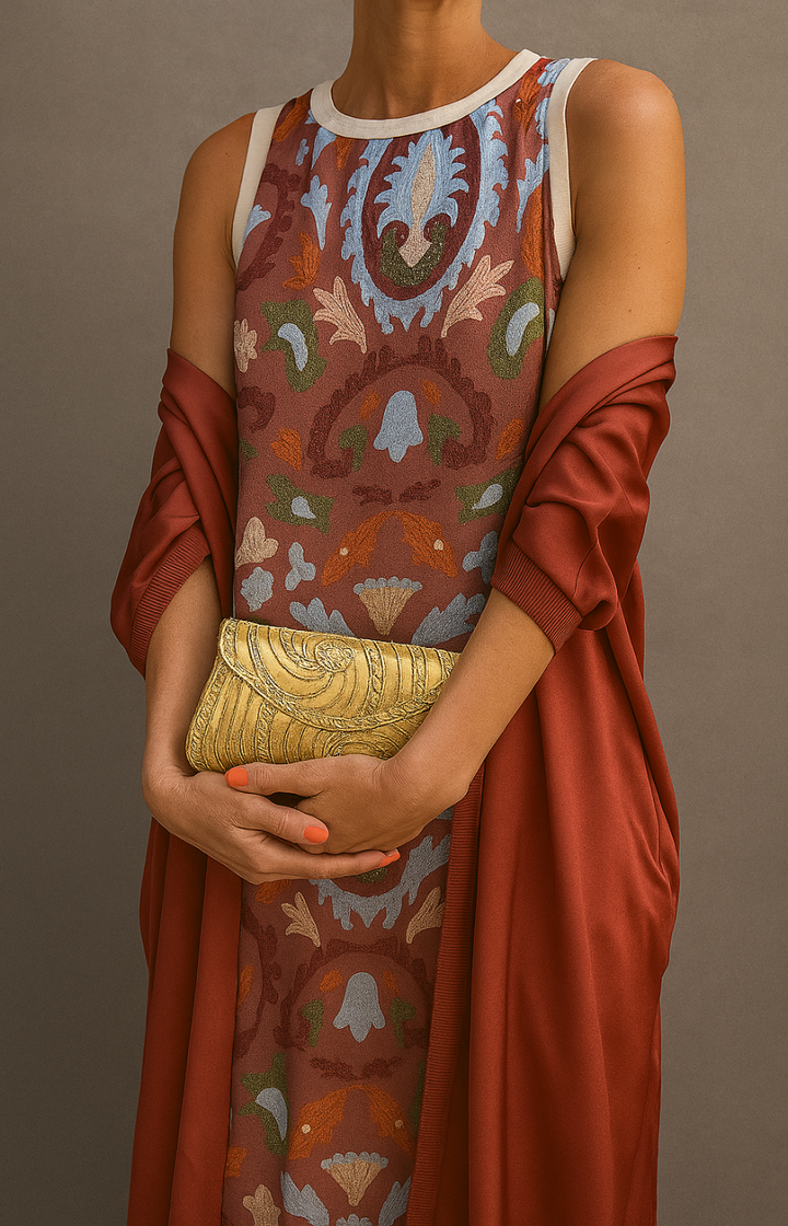 Elina | Conjunto de vestido comprido estampado e cardigan a condizer