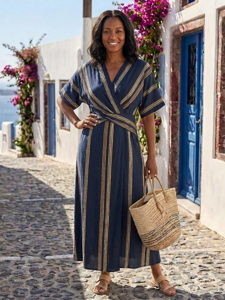 Mael | Vestido midi riscado com mangas curtas