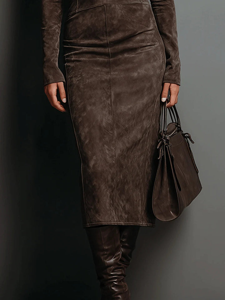 Aurián | Vestido Midi de Suedine com Gola Alta