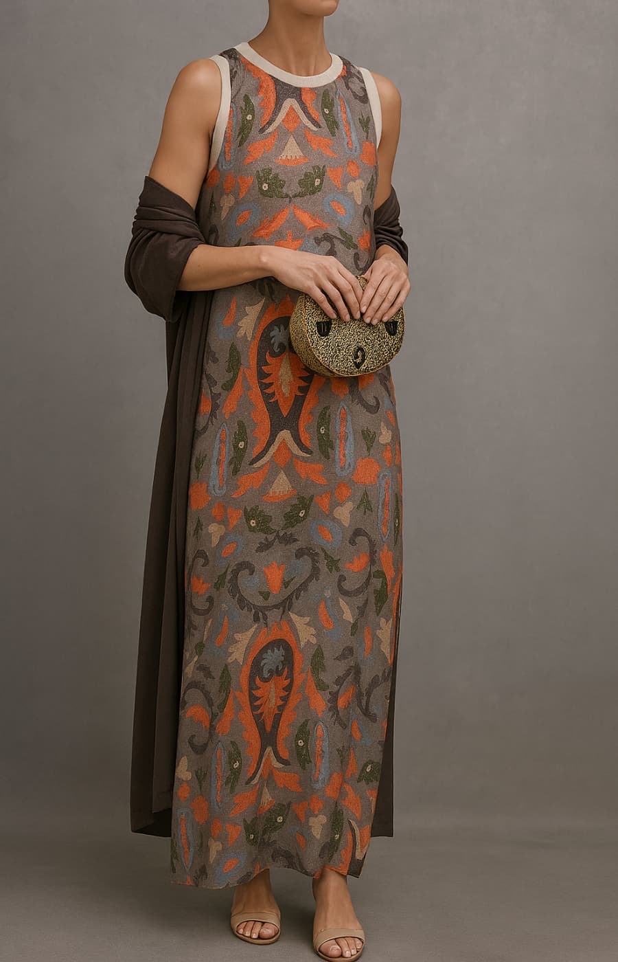 Elina | Conjunto de vestido comprido estampado e cardigan a condizer