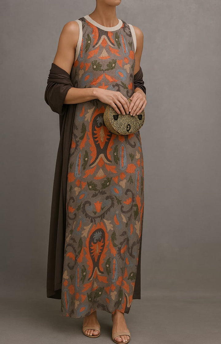Elina | Conjunto de vestido comprido estampado e cardigan a condizer