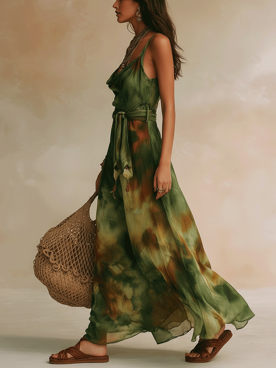 Elvira - Vestido Maxi em Verde Abstrato
