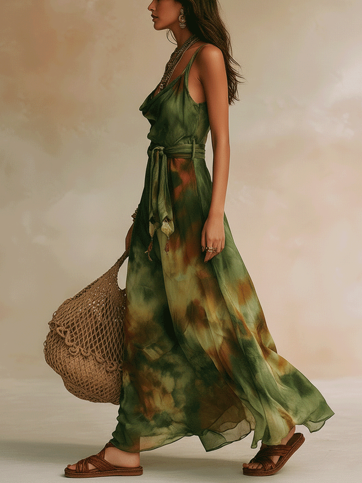 Elvira - Vestido Maxi em Verde Abstrato