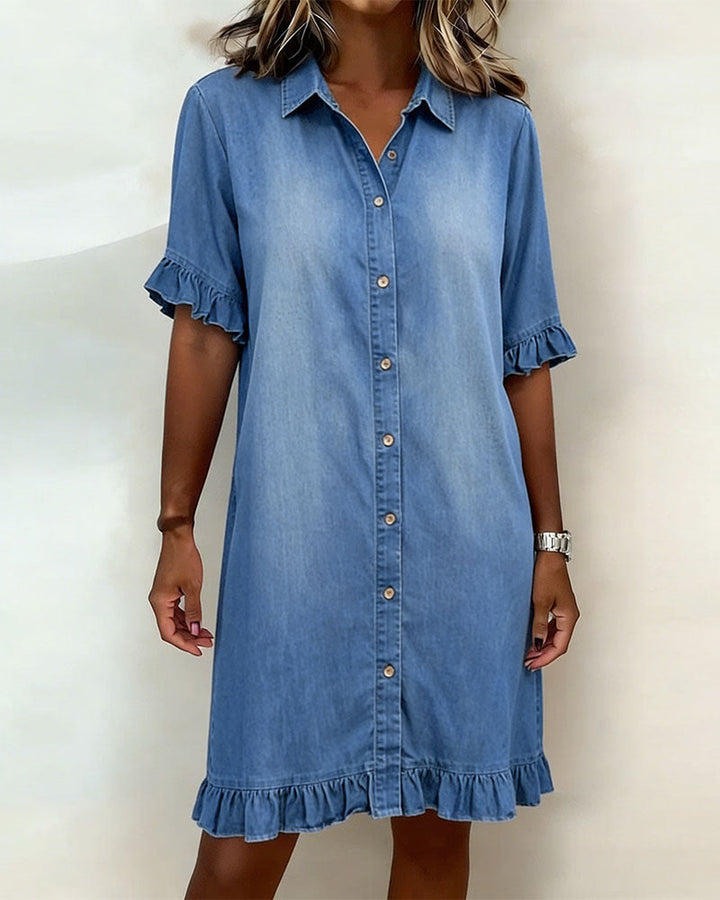 Linea Aarhus® | Vestido de ganga confortável com bonitos folhos