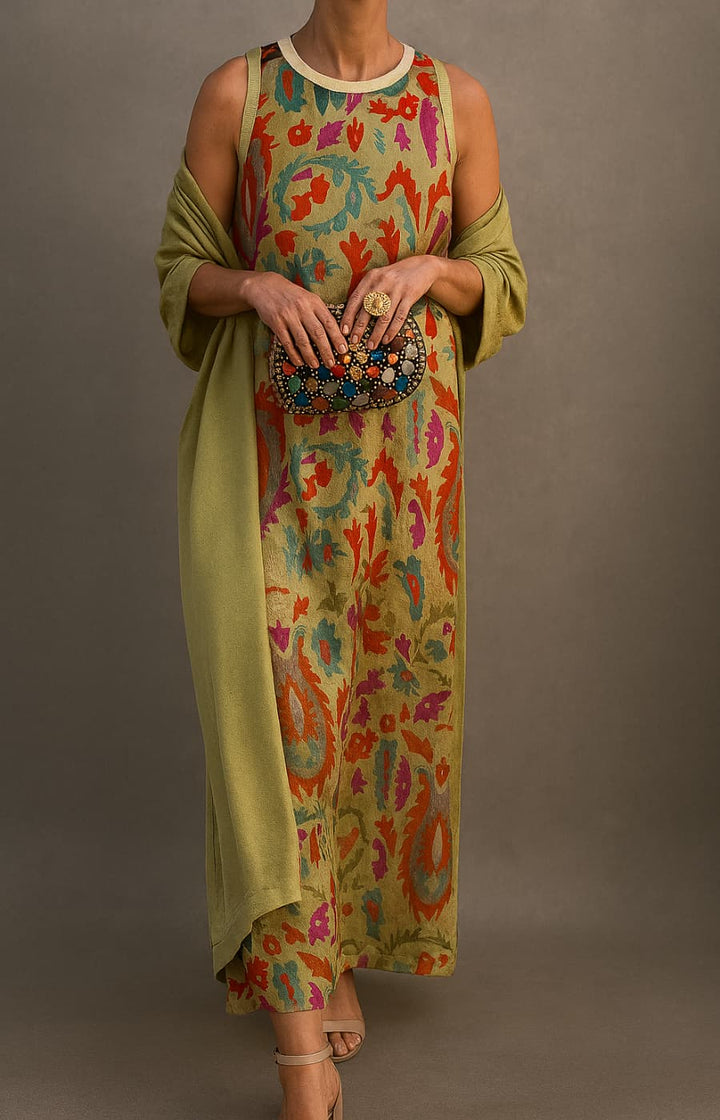 Elina | Conjunto de vestido comprido estampado e cardigan a condizer