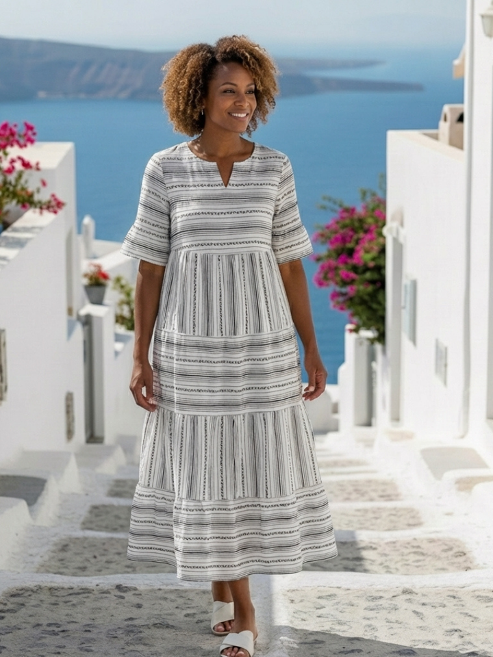 Maëlys | Vestido midi riscado com mangas curtas