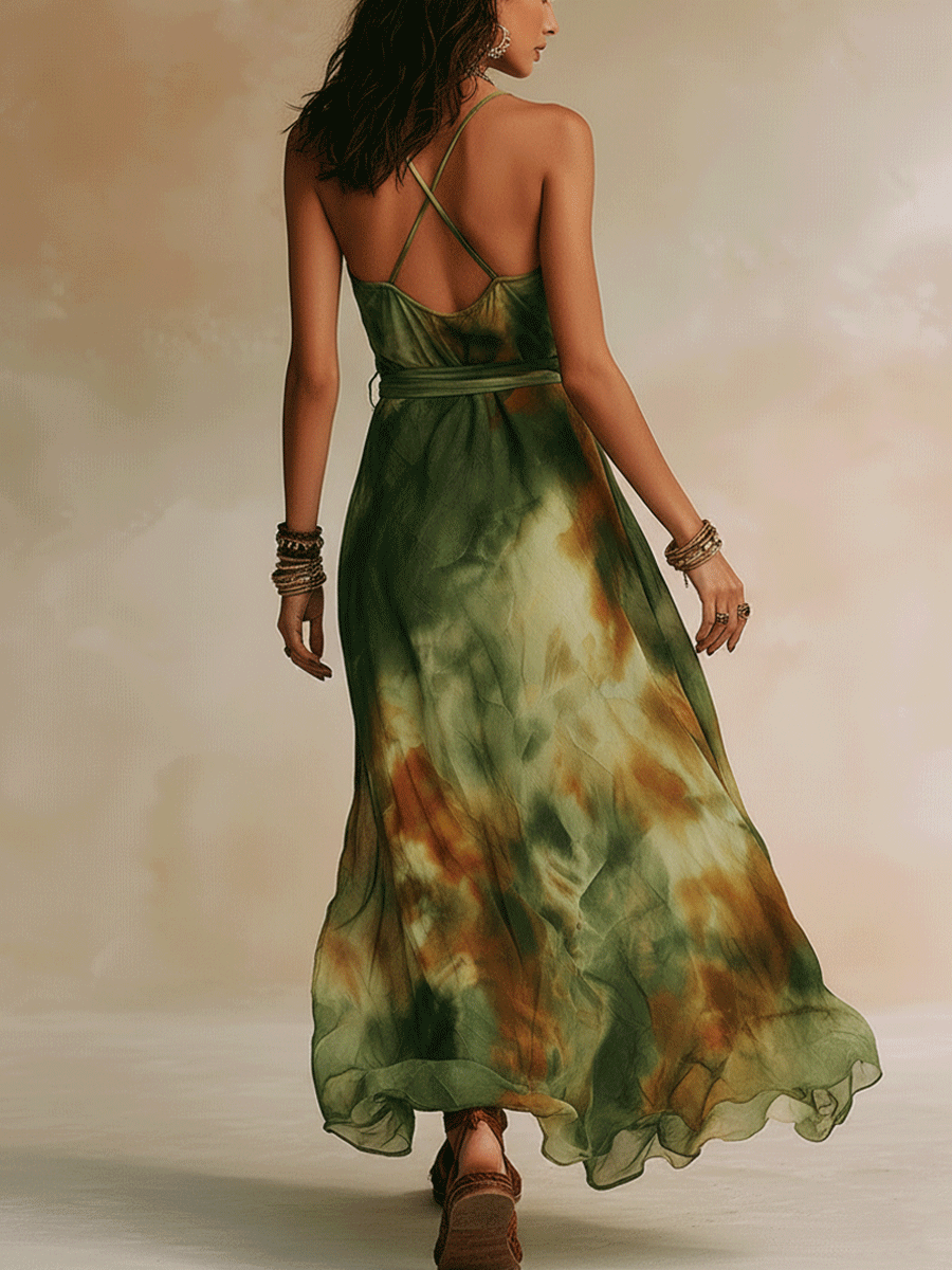 Elvira - Vestido Maxi em Verde Abstrato