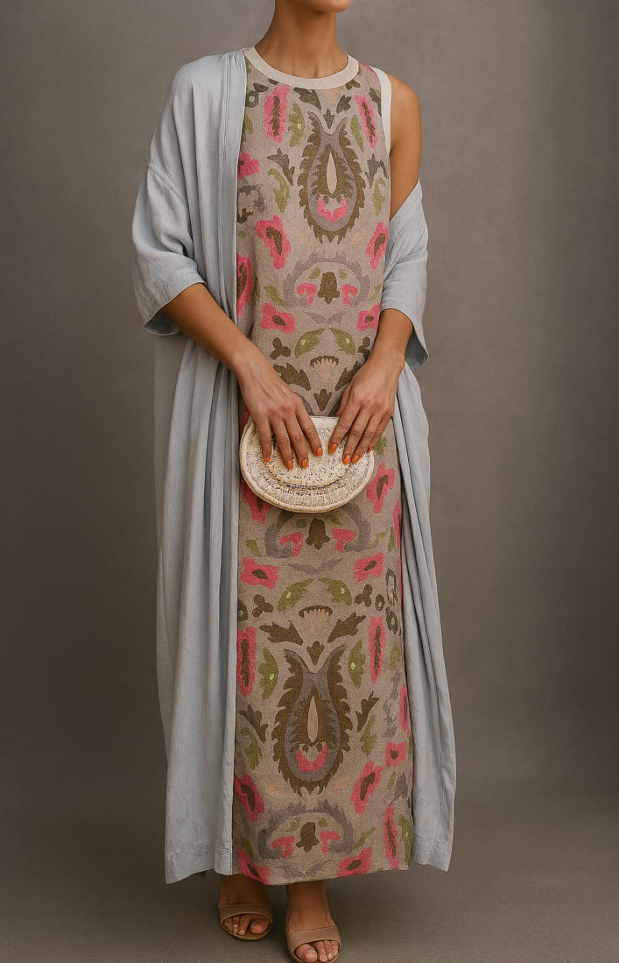 Elina | Conjunto de vestido comprido estampado e cardigan a condizer