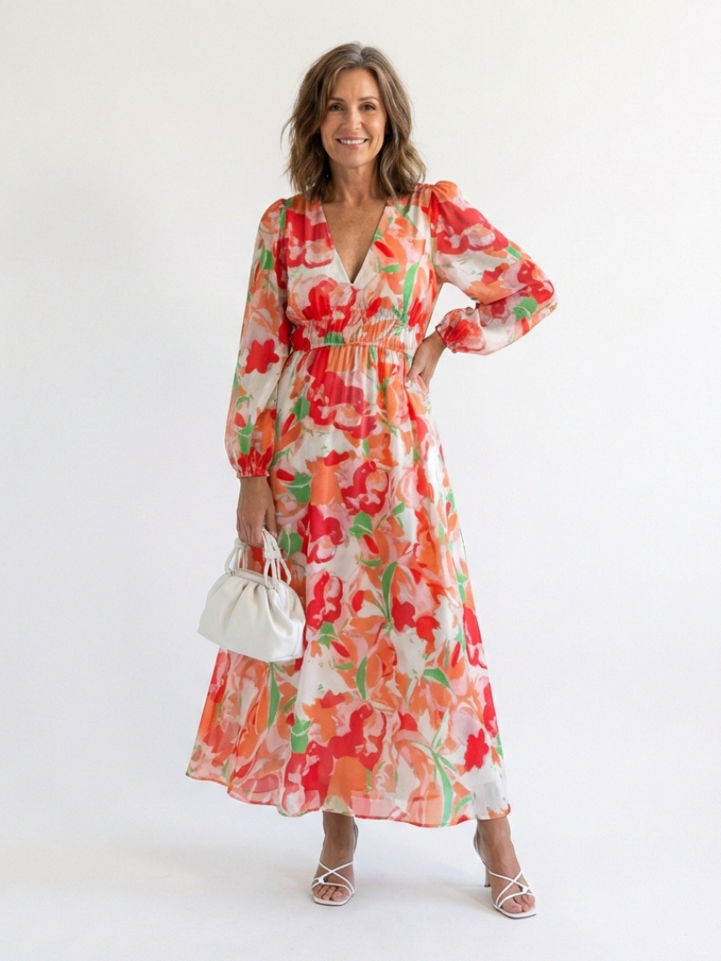 Kamil | Vestido maxi com mangas compridas e estampado colorido