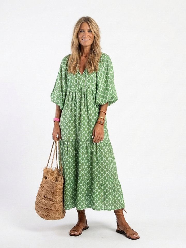 Céline | Vestido midi estampado com mangas três quartos e decote em V