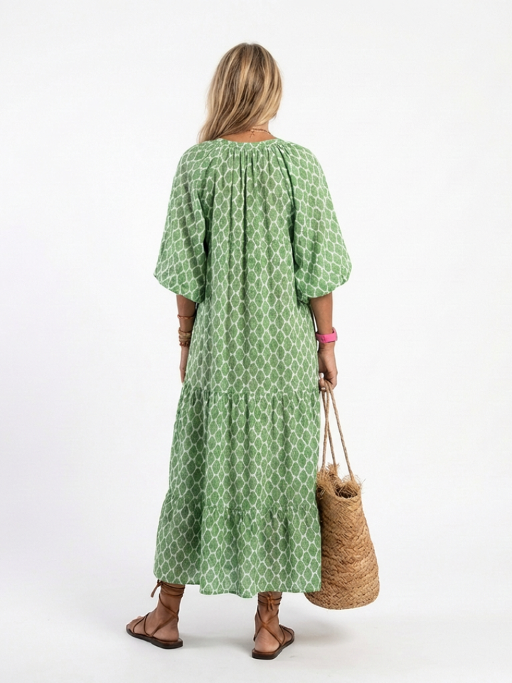 Céline | Vestido midi estampado com mangas três quartos e decote em V