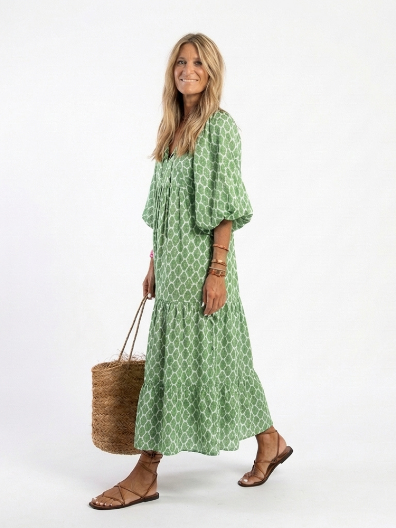 Céline | Vestido midi estampado com mangas três quartos e decote em V