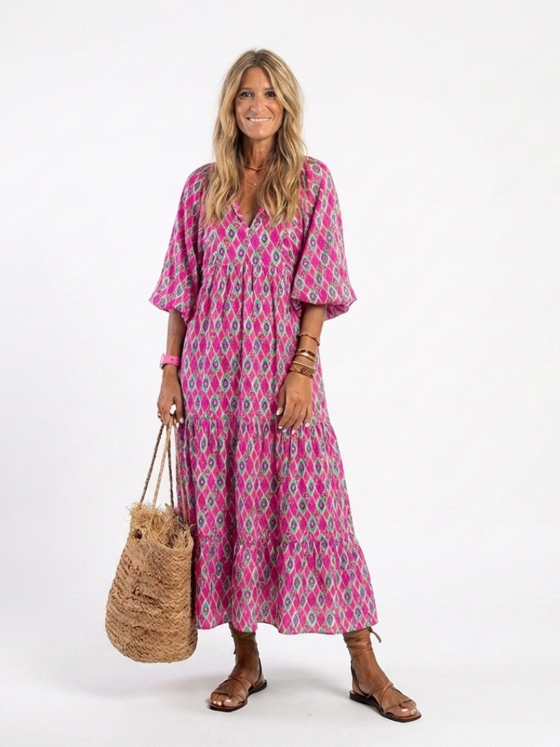 Céline | Vestido midi estampado com mangas três quartos e decote em V