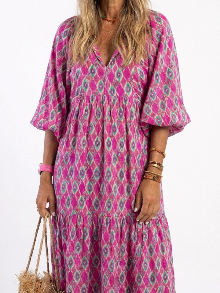 Céline | Vestido midi estampado com mangas três quartos e decote em V