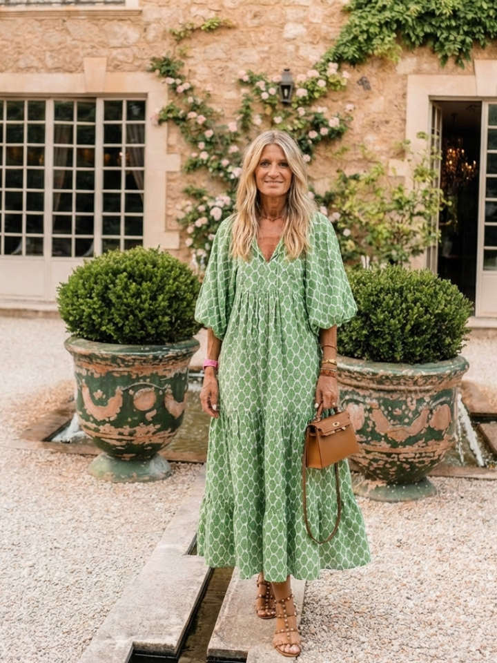 Céline | Vestido midi estampado com mangas três quartos e decote em V