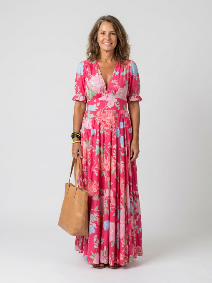 Juliet | Floral midi dress with short sleeves and V-neck