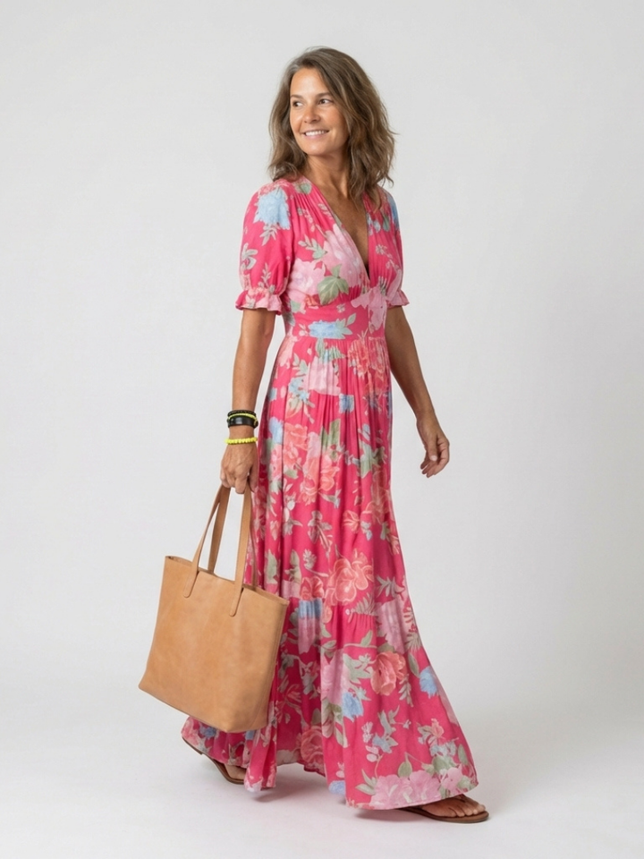 Juliet | Floral midi dress with short sleeves and V-neck