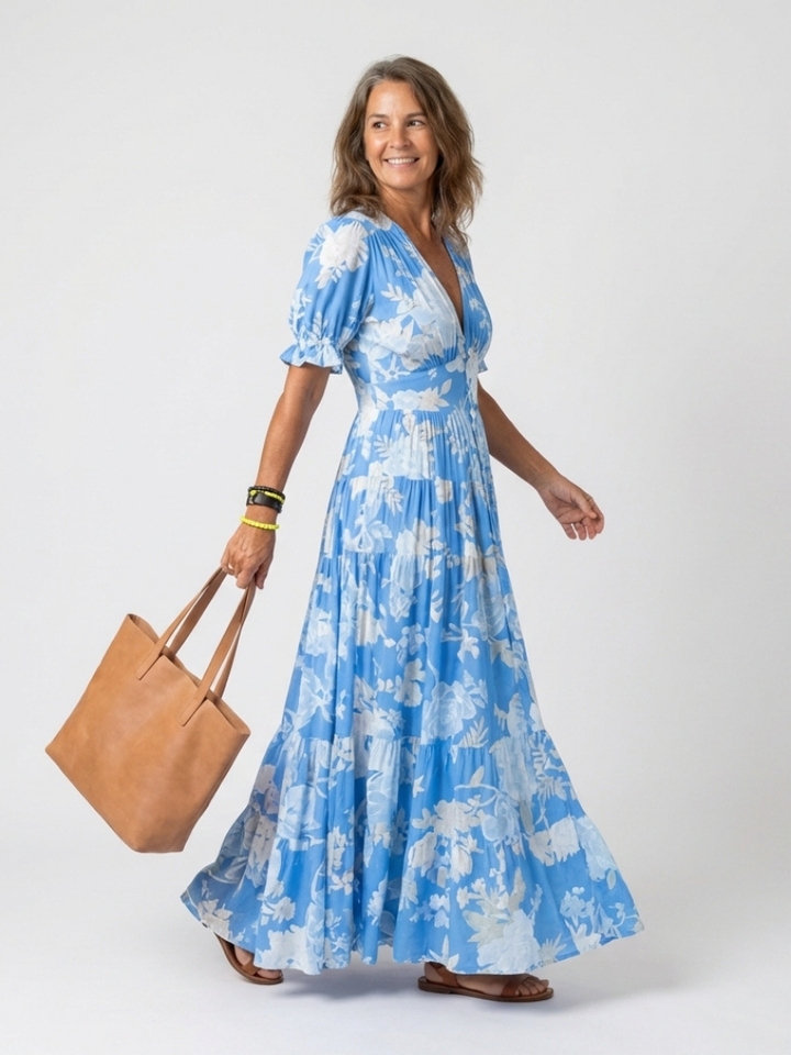 Juliet | Floral midi dress with short sleeves and V-neck