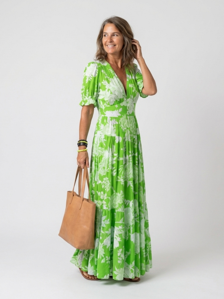 Juliet | Floral midi dress with short sleeves and V-neck