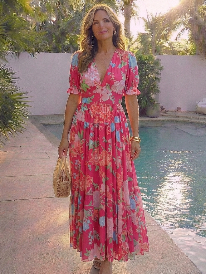 Juliet | Floral midi dress with short sleeves and V-neck