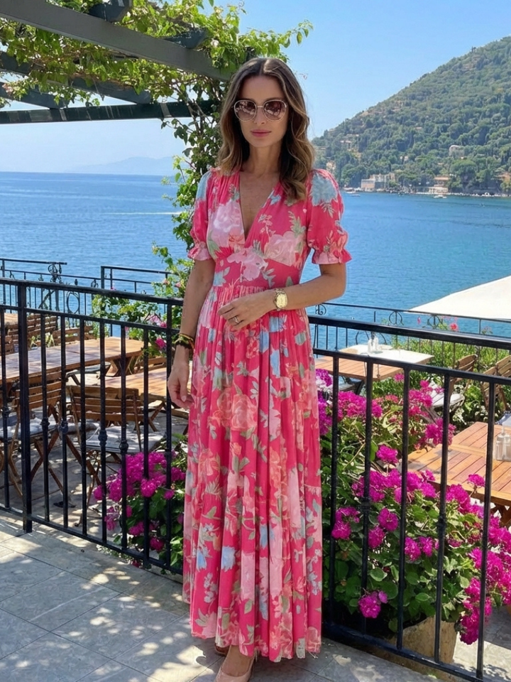 Juliet | Floral midi dress with short sleeves and V-neck