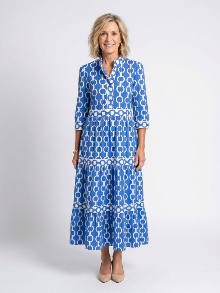 Polin | Vestido midi com mangas três quartos e padrão de corrente