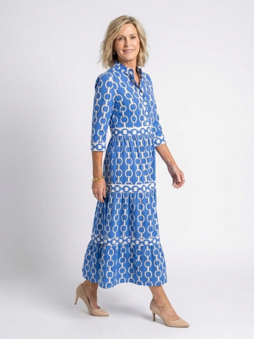 Polin | Vestido midi com mangas três quartos e padrão de corrente