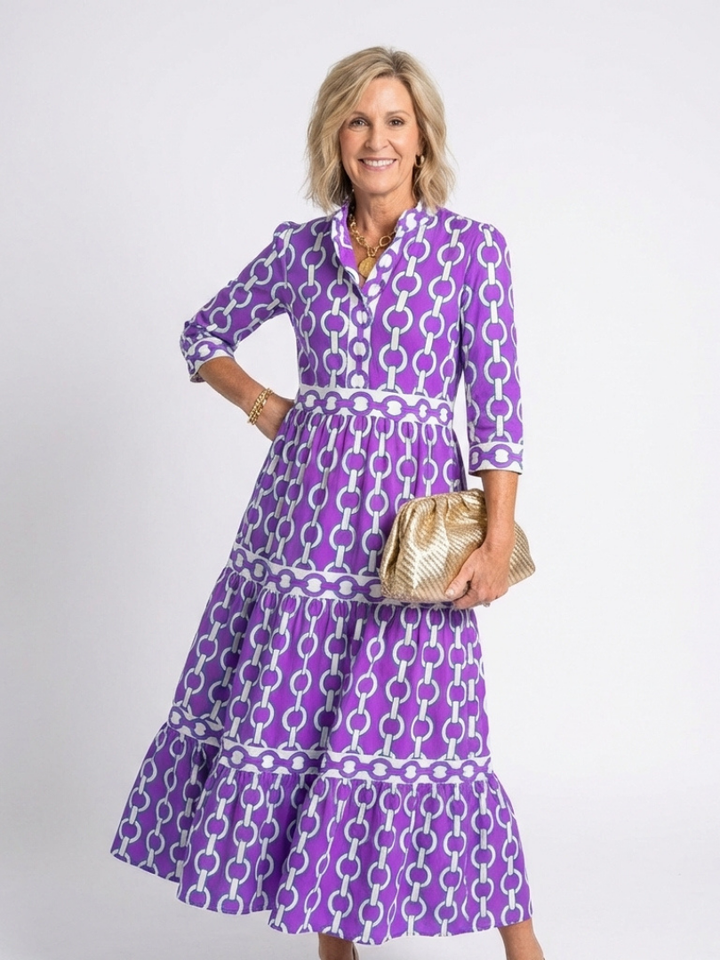 Polin | Vestido midi com mangas três quartos e padrão de corrente