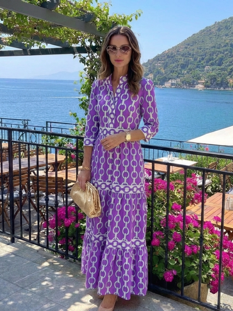 Polin | Vestido midi com mangas três quartos e padrão de corrente
