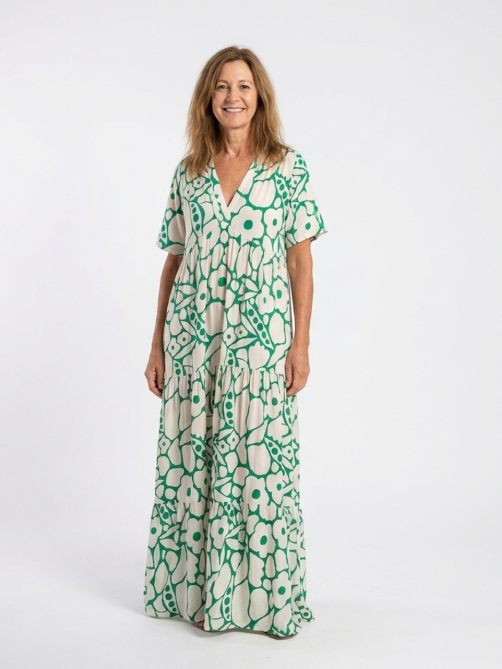 Lúcia | Vestido midi floral com mangas curtas e decote em V