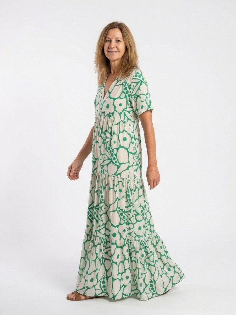 Lúcia | Vestido midi floral com mangas curtas e decote em V