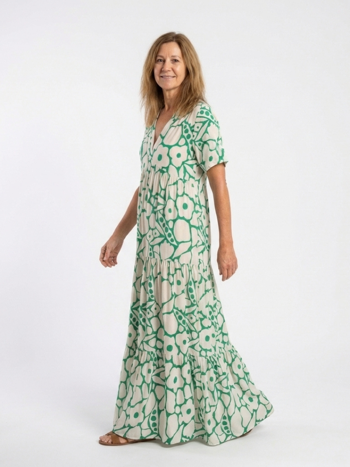 Lúcia | Vestido midi floral com mangas curtas e decote em V