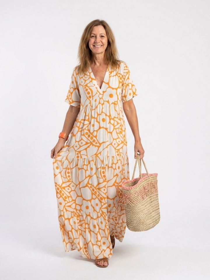Lúcia | Vestido midi floral com mangas curtas e decote em V