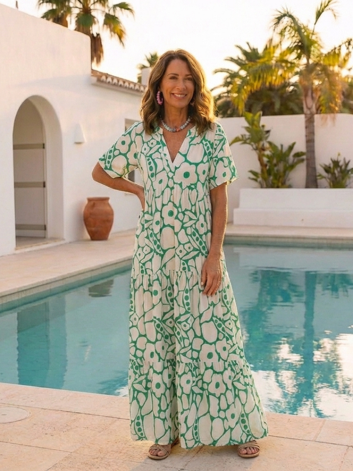 Lúcia | Vestido midi floral com mangas curtas e decote em V
