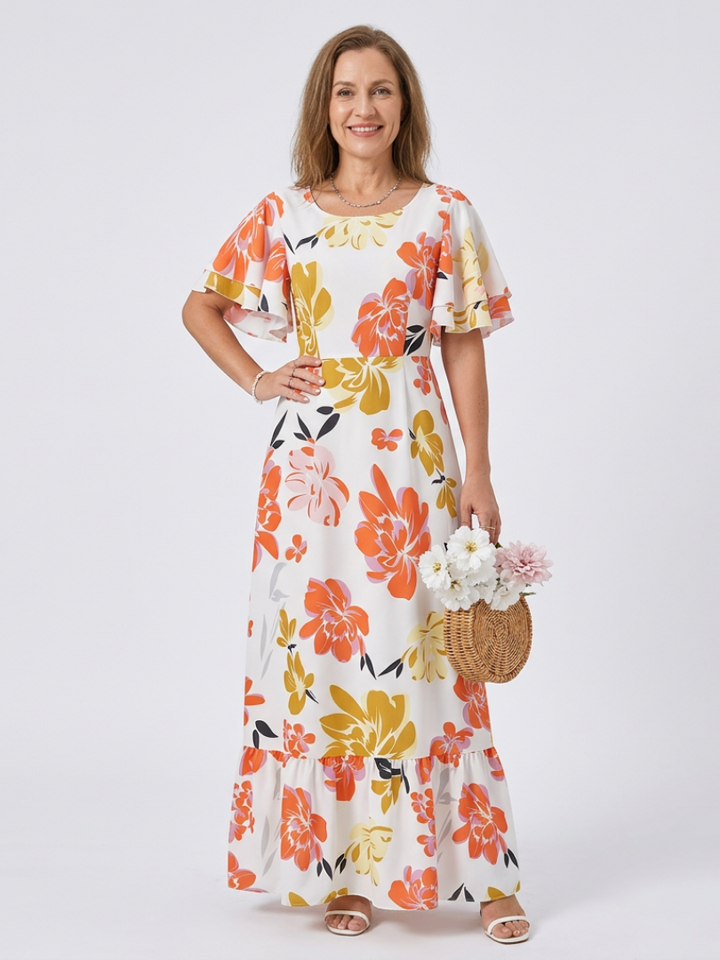 Natali | Vestido maxi com mangas curtas e decote redondo