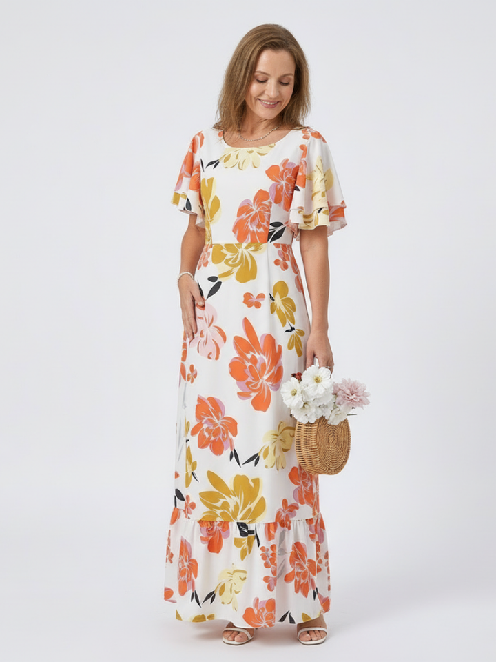 Natali | Vestido maxi com mangas curtas e decote redondo
