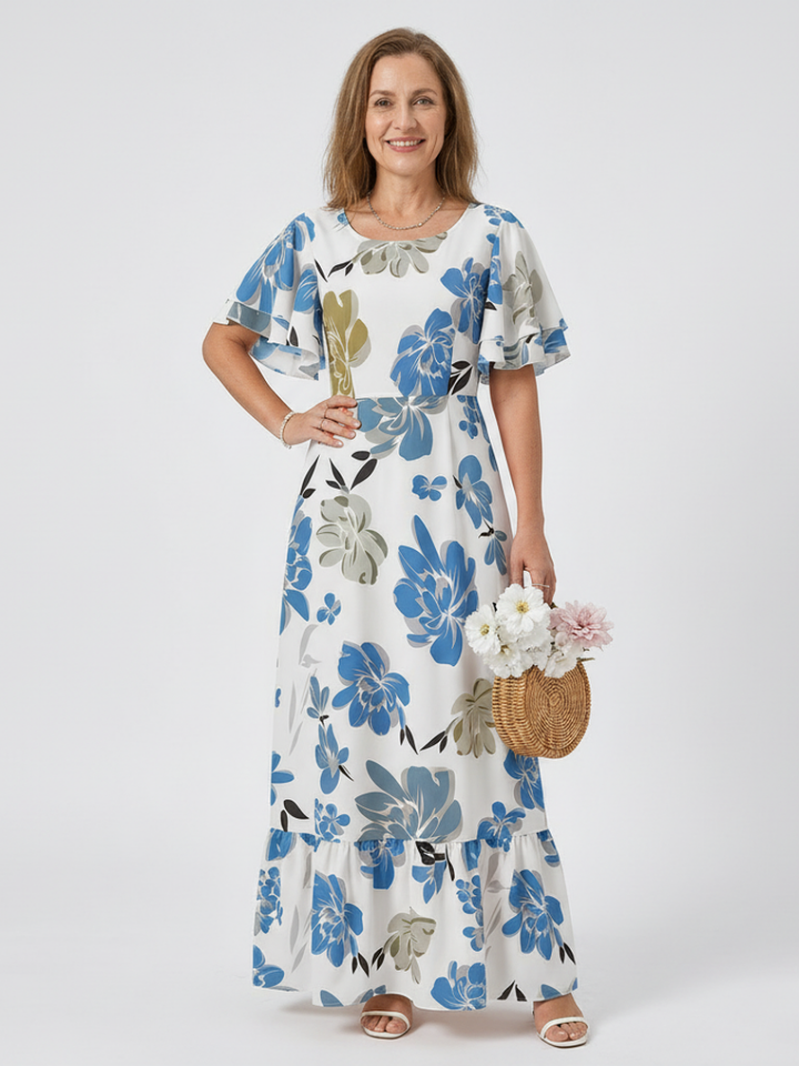 Natali | Vestido maxi com mangas curtas e decote redondo