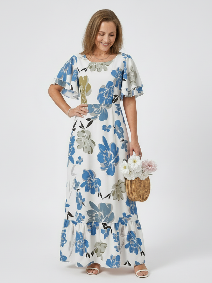 Natali | Vestido maxi com mangas curtas e decote redondo
