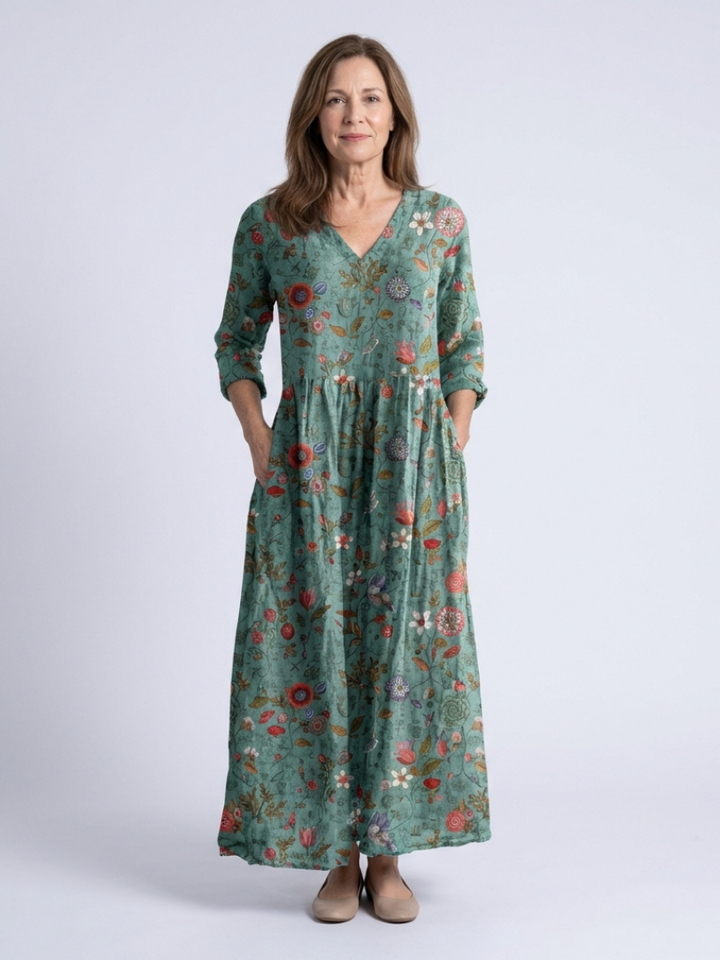 Valeri | Vestido maxi com padrão floral, decote em V e mangas três quartos