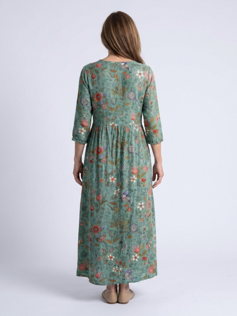Valeri | Vestido maxi com padrão floral, decote em V e mangas três quartos