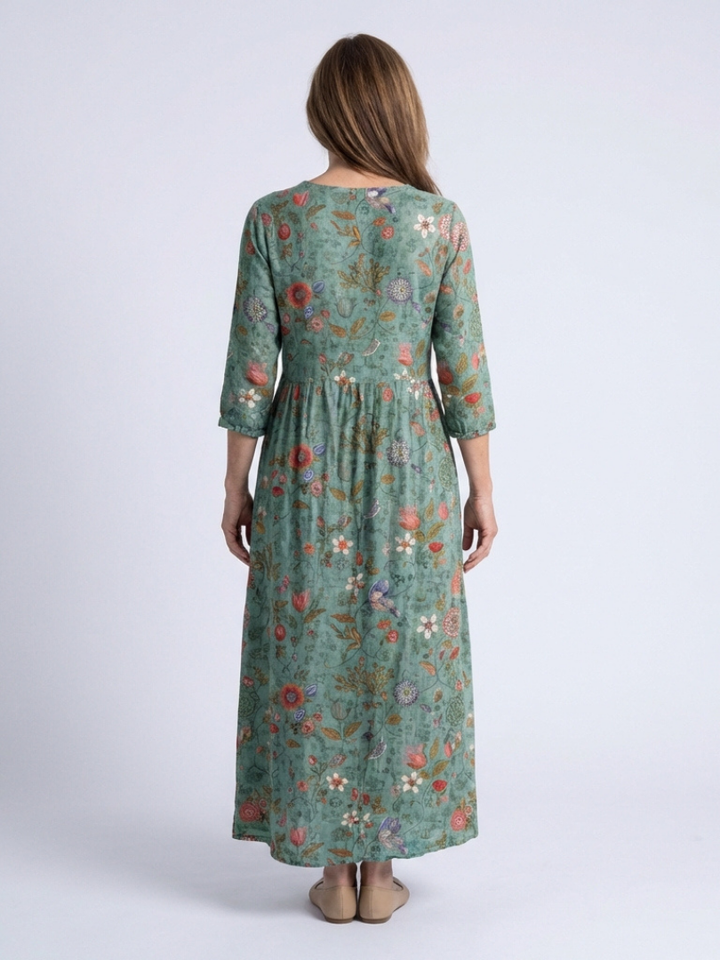 Valeri | Vestido maxi com padrão floral, decote em V e mangas três quartos